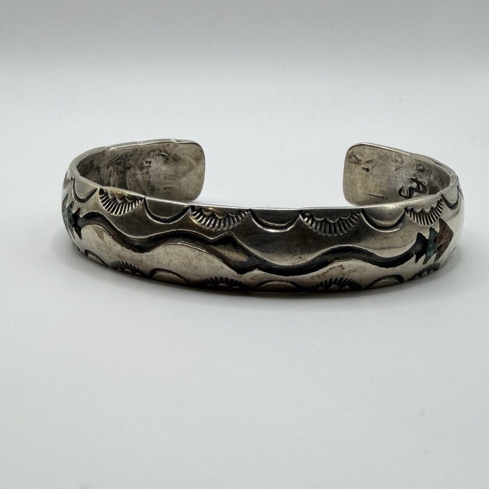 925 Sterling Silver Southwestern Stamped Wave Open Cuff Bracelet 6” 17.3g